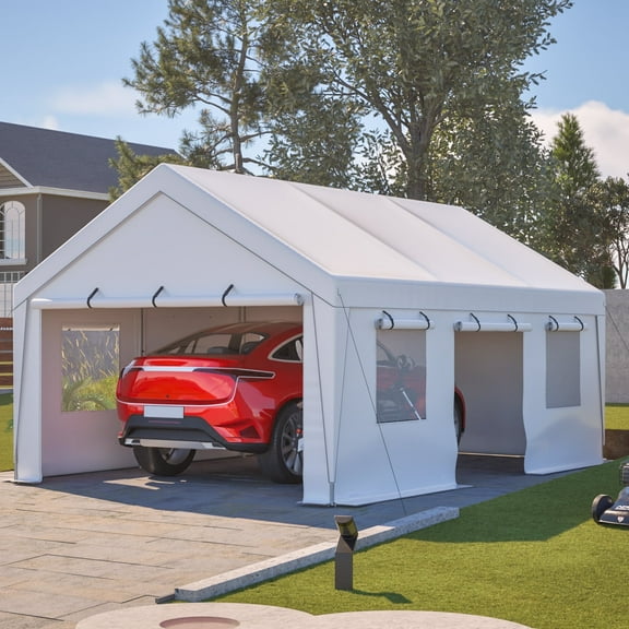 Jaxilyn 13x20 ft Heavy Duty Canopy Portable Garage, Carport Party Tent with Side-Opening Door & Roll-Up Windows, Car Canopy for Truck, Car, Boat, White