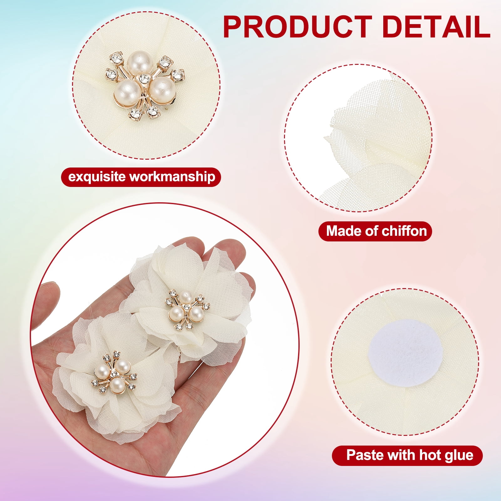 Unique Bargains Rhinestone Pearl Chiffon Flower Embellishments Beige