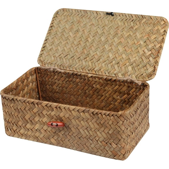 Wicker Shelf Baskets with Lid,9.05" x 5.11" x 3.54" Handwoven Wicker Basket for Storage Basket Bins Rectangular Small Home Storage Organizer Gift Boxes (Natural)