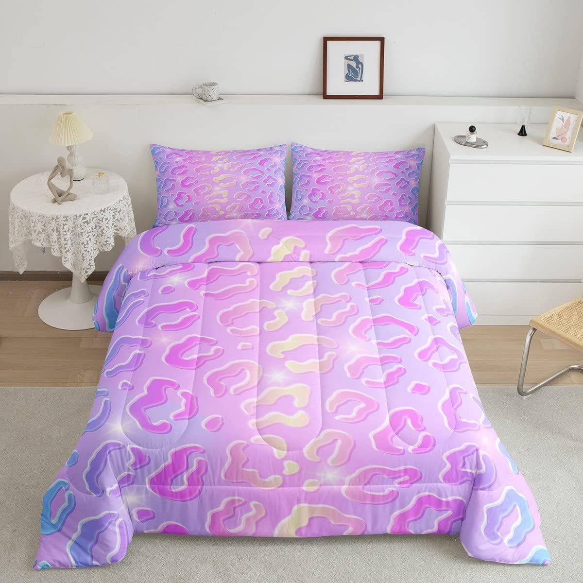 YST Neon Leopard Full Comforter Set Cheetah Print Bedding Comforters & Sets Glitter Stars Duvet