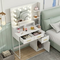 Vanity Table with LED Lights, Makeup Vanity Set with 3 drawers and 1 cabinet & Open Shelves, Dressing Table with Mirror for Bedroom, White Vanity Desk with Storage Cabinet, Gold Handles