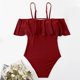 thumbnail image 3 of Gibobby Trajes de Baño Mujer Completos Traje de baño Sexy ajustado con decoración de volantes de encaje de un hombro con tirantes Retro informal de veran(Rojo,CH), 3 of 4