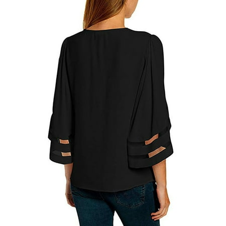 

Simplmasygenix Women Tops Summer Clearance Women V-Neck Solid Blouse Mesh Panel Blouse Bell Sleeve Loose Tops