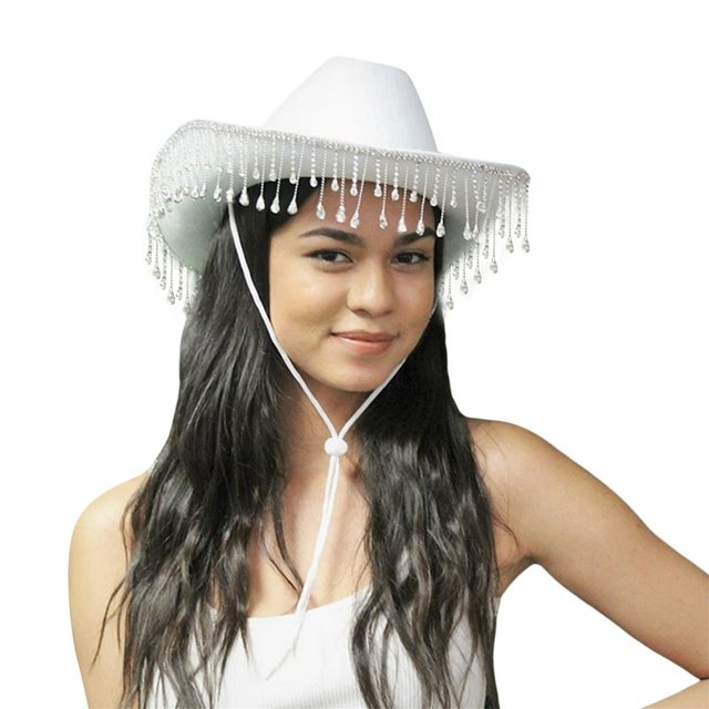 Women Cowboy Hat Wide Brim Rhinestone Tasseled Western Large Cap