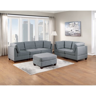 Simple Modern Polyfiber Gray Color 6pcs Sofa Set Living Room Furniture Comfatable Loveseat Sofa Ottoman