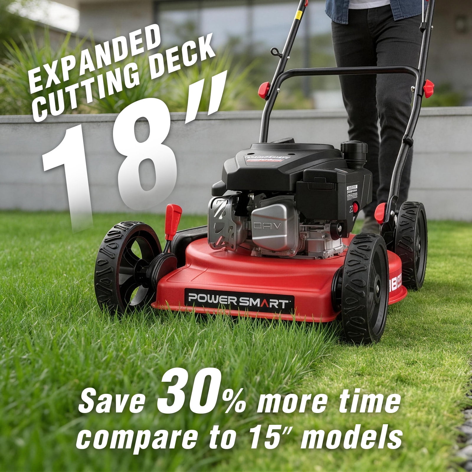 PowerSmart 18" 144CC Gas Lawn Mower, 5-Position Height Adjustment, Metal Deck, Foldable Design, Up to 1/4 Acre