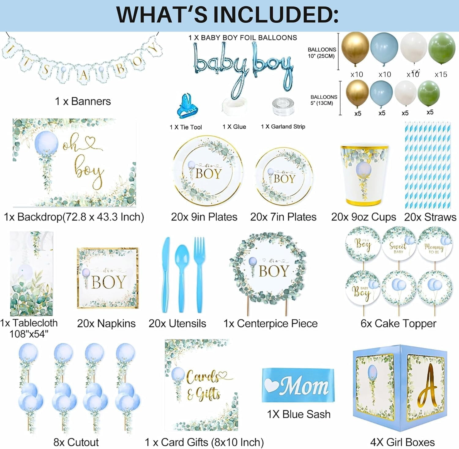 MEGA 254 Pc Dusty Blue And Sage Green Baby Shower Decorations Boy | Gender Neutral Balloons Garland Kit | BABY boxes | Banners, Cake Topper, Tablecloth, Plates, Napkins, Straws, Cups,