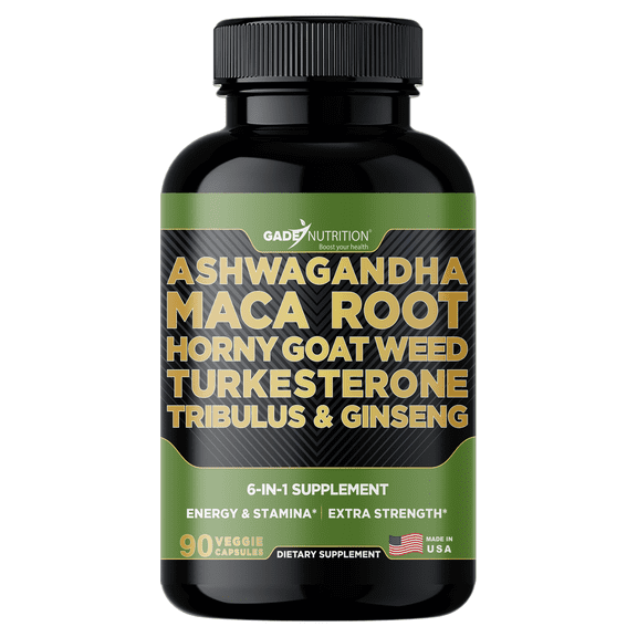 Gade Nutrition Ashwagandha with Maca Root, Horny Goat Weed, Turkesterone, Tribulus & Ginseng -90 Capsules - Made in USA