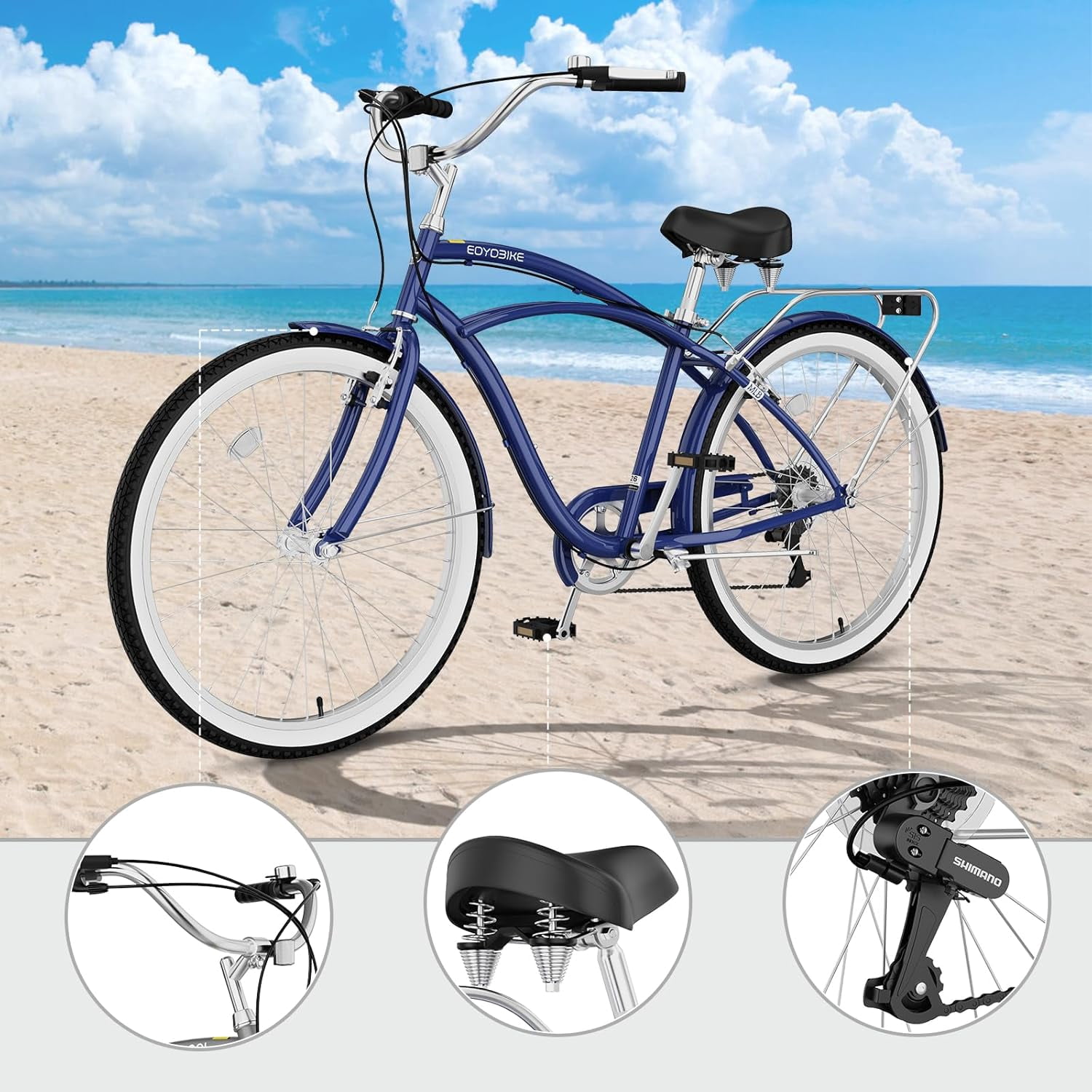 ABORON 26" Beach Cruiser Bike Women Men, Lightweight Adult Cruiser Bike with Rack, 7-Speed Cruiser Bicycle for Commuting, Carbon Steel Frame Commuter Bicycle