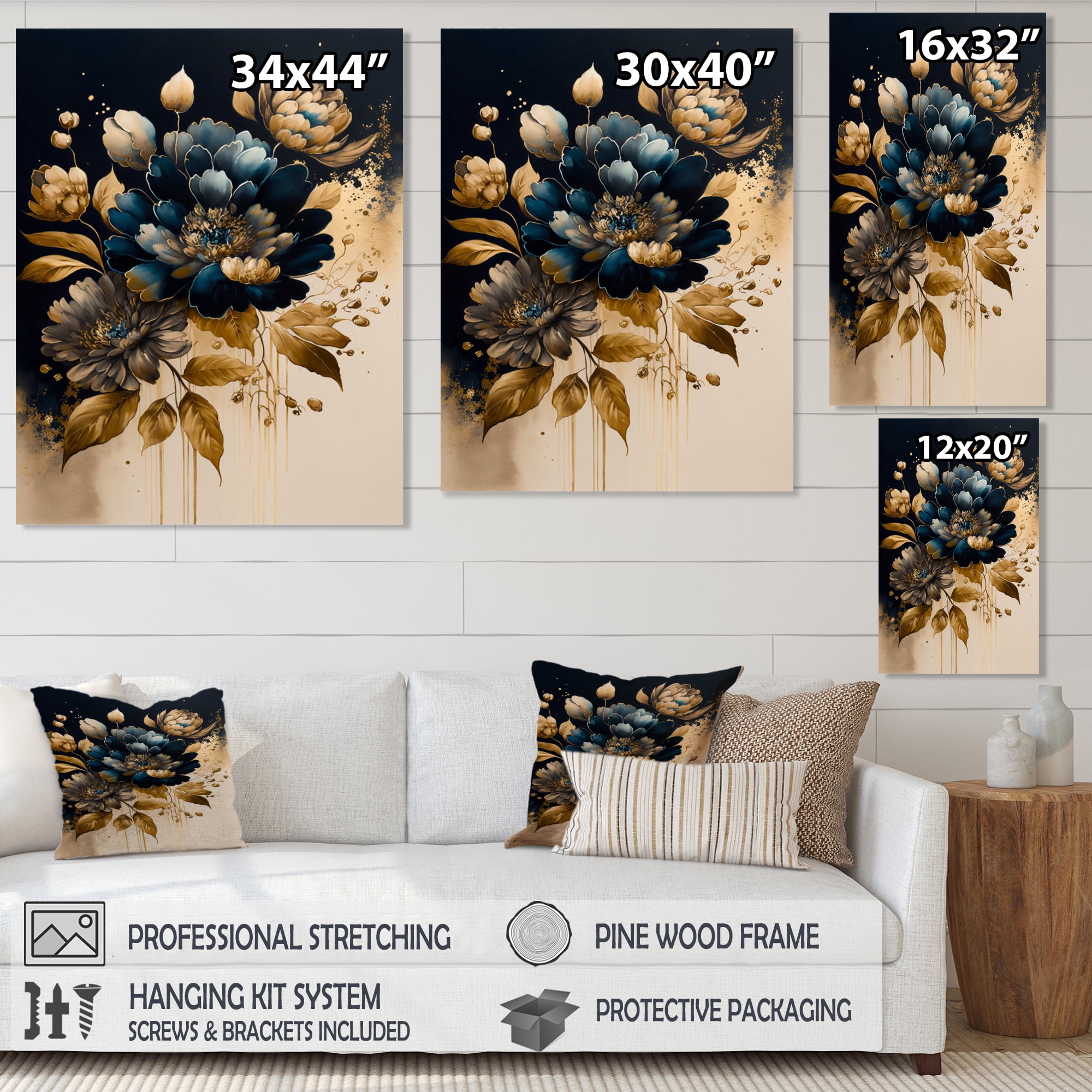 Designart Blue And Gold Zinnia Flowers II Canvas Wall Art