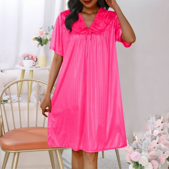 VONCOS Silk Nightgowns for Women Loose Lace Midi Nightgowns Short Sleeve Sleep Dress Hot Pink