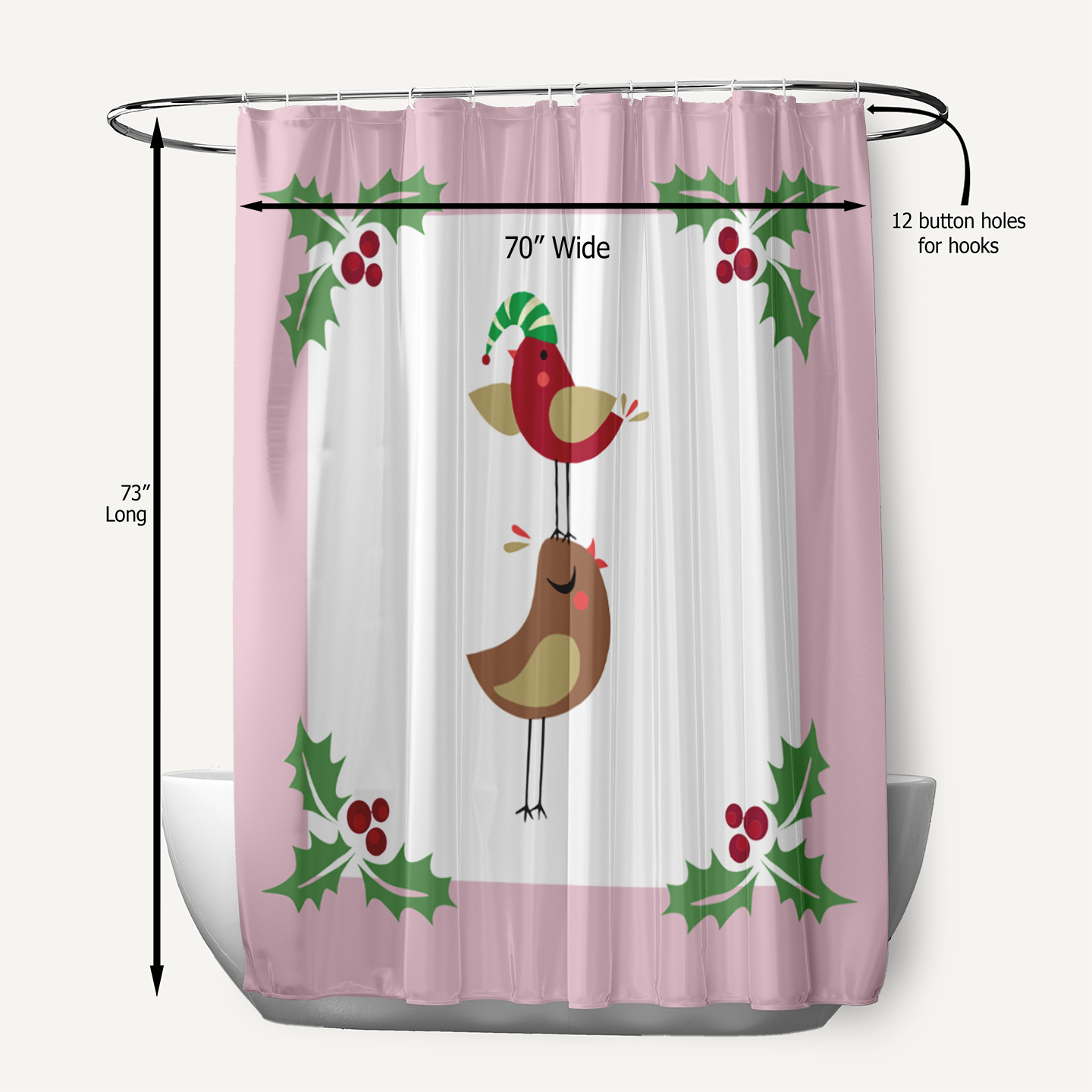 Simply Daisy 70" W x 73" L Christmas Birds Polyester Shower Curtain, Light Pink [1 Ct]