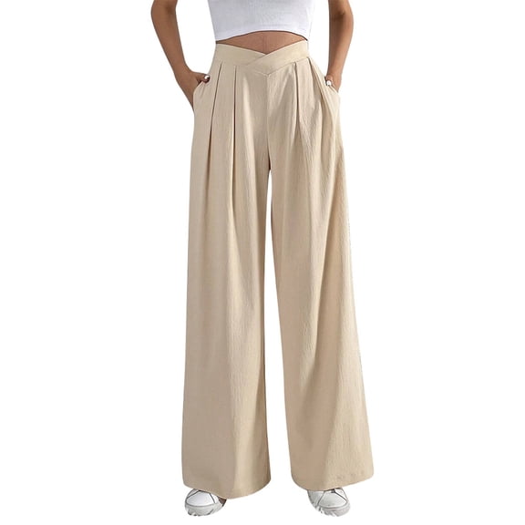 WomensPants Casual High Waist Pleated Trousers Loose Wide Leg Style Lightweight Breathable Comfort Beige L