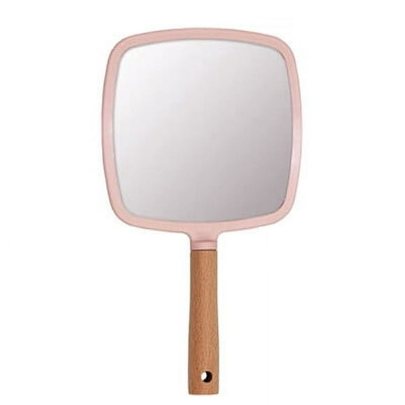 1 piece Miroir à main pour maquillage, petit miroir à main en bois portable pour homme et femme (rose carré)
