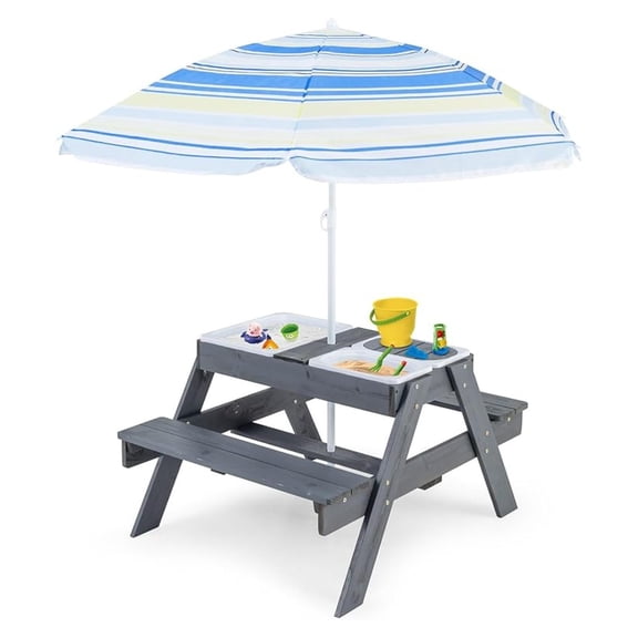 Kids Picnic Table, 4 in 1 Cedar Wooden Sand & Water Table w/ 3 Removable Box & Umbrella, Kids Picnic Tables for Outdoors Backyard Garden, Toddler Patio Furniture Set for Boys Girls(Gray)