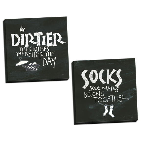 Black and White "The Dirtier The Day" and "Socks Solemate" Laundry Room Decor; 2-12x12" Stretched Canvases