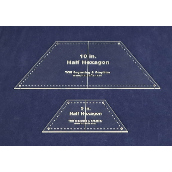 2 Piece Set Half Hexagon Quilt Templates. 5 and 10 Inches - Clear w/ Center Guideline & Guideline Holes 1/8 Inch Thick