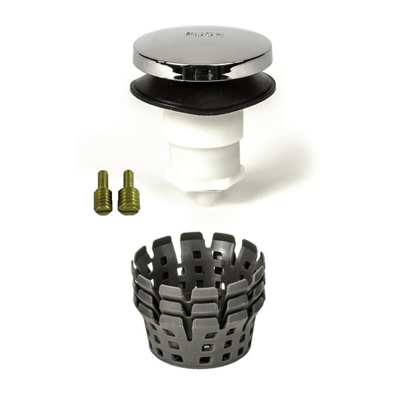 PF WaterWorks TubSTRAIN Universal Toe Touch (Tip Toe or Foot Act.) Bath Tub Drain Stopper w 3/8" and 5/16" Fittings - 3 Hair Catchers/Strainers to Eliminate Drain Clogs; Chrome; PF0936-CH