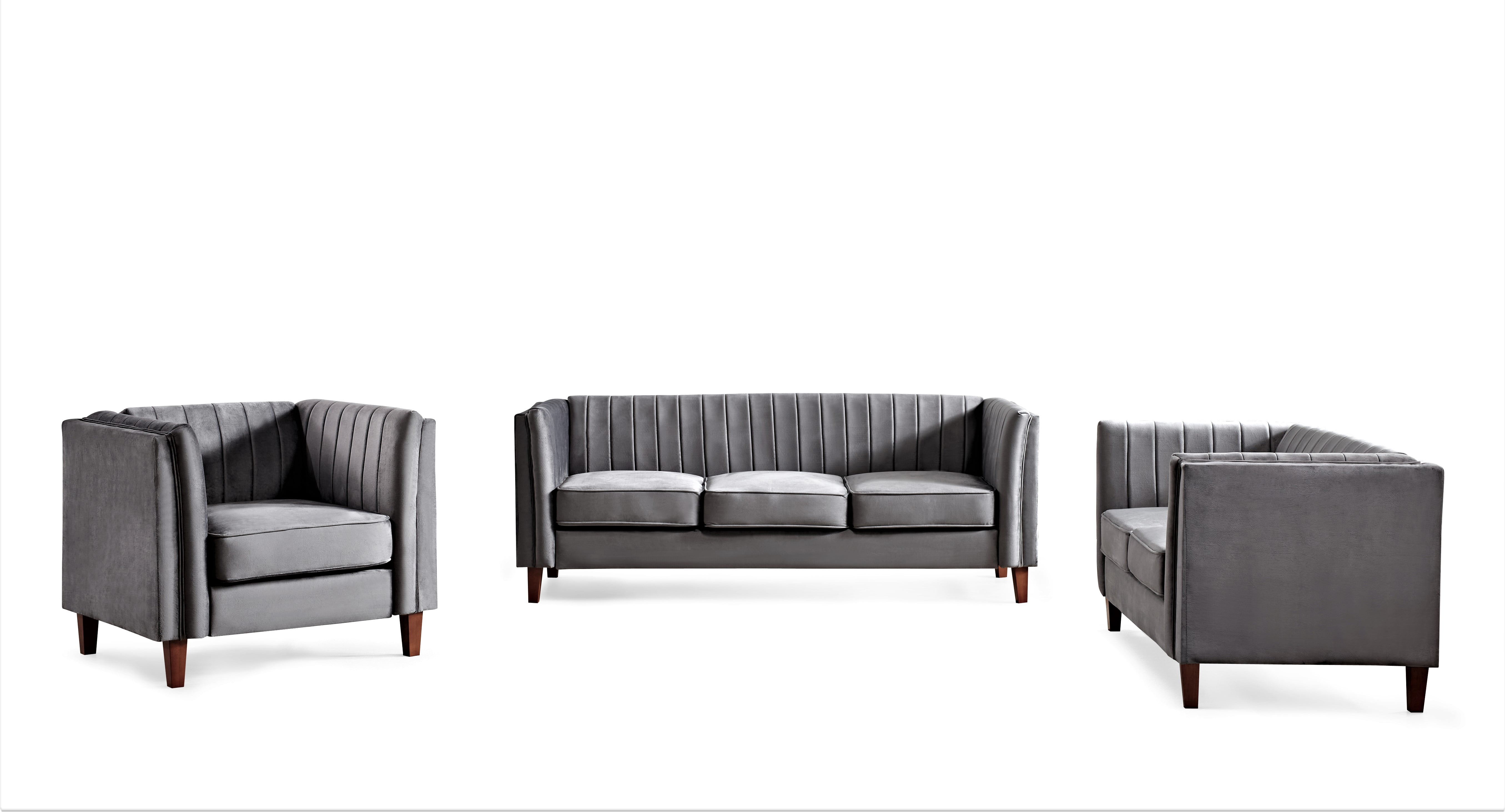 Uspridefurniture Plainfield Line Tufted Square Design Velvet 3PCS Livingroom Set, Chair Loveseat Sofa