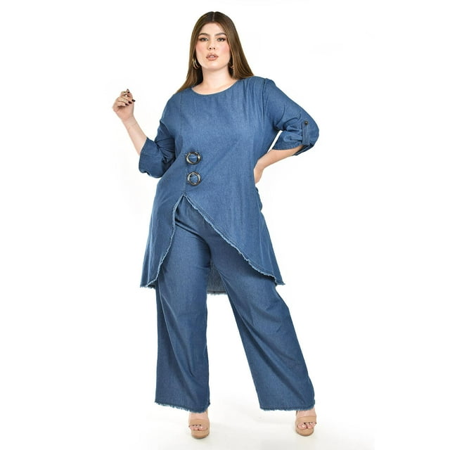 Set de mezclilla asimetrico Roman Fashion /Tallas Extras, 0010 (Dark) azul 36