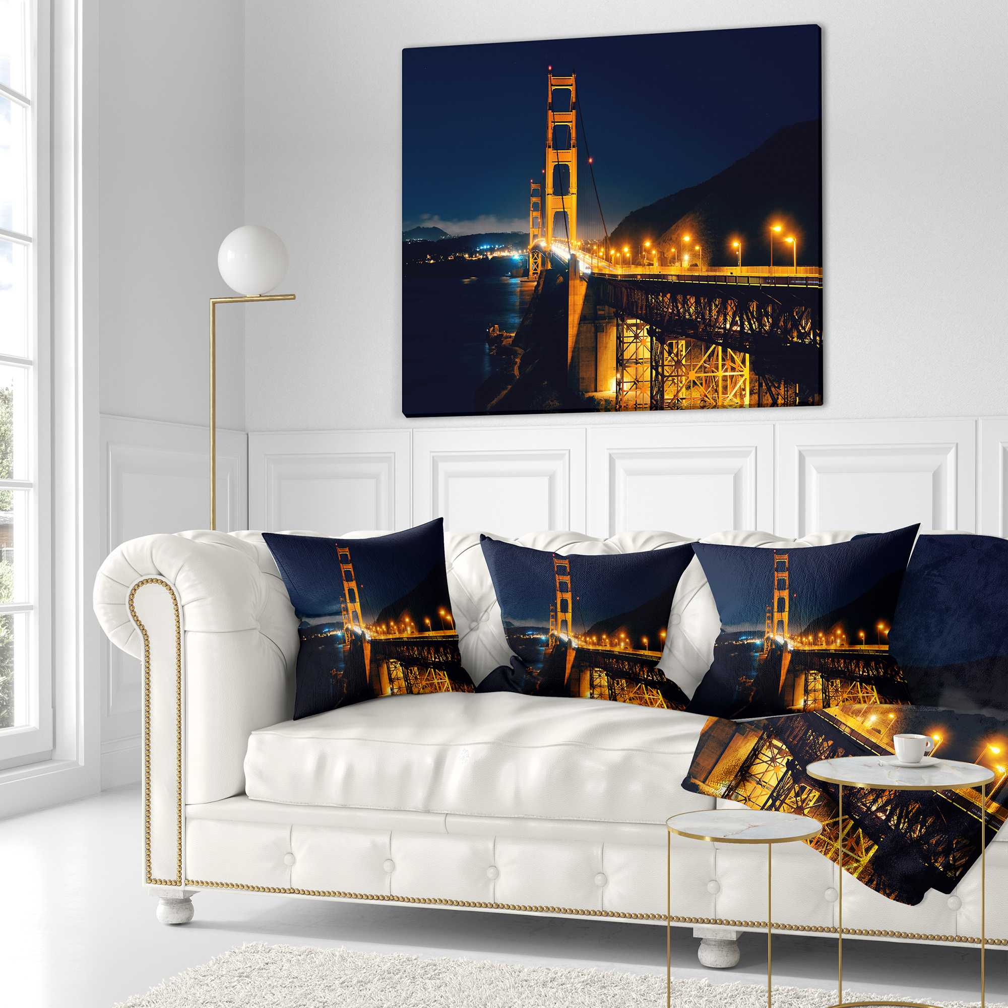 Designart Golden Gate at Night - Sea Bridge Throw Pillow - 16x16