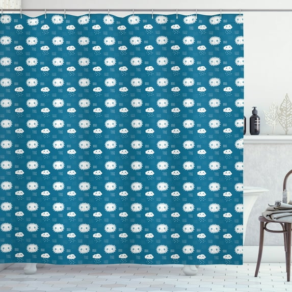 Baby Shower Curtain, Newborn Faces of Clouds Raindrops Snow and Sun Wind Seasonal Cartoon, Fabric Bathroom Set with Hooks, 69W X 84L Inches Extra Long, Petrol Blue Pink and White, by Ambesonne