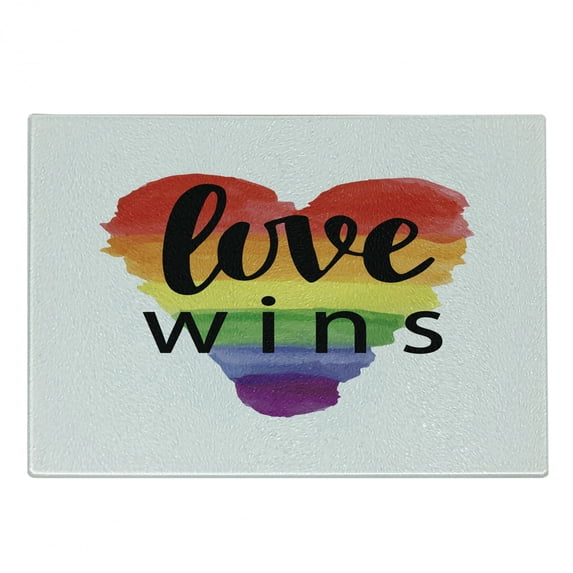 Pride Cutting Board, Inspirational Gay Rights Slogan Love Wins on Watercolor Heart Shape Print, Decorative Tempered Glass Cutting and Serving Board, Small Size, Multicolor, by Ambesonne