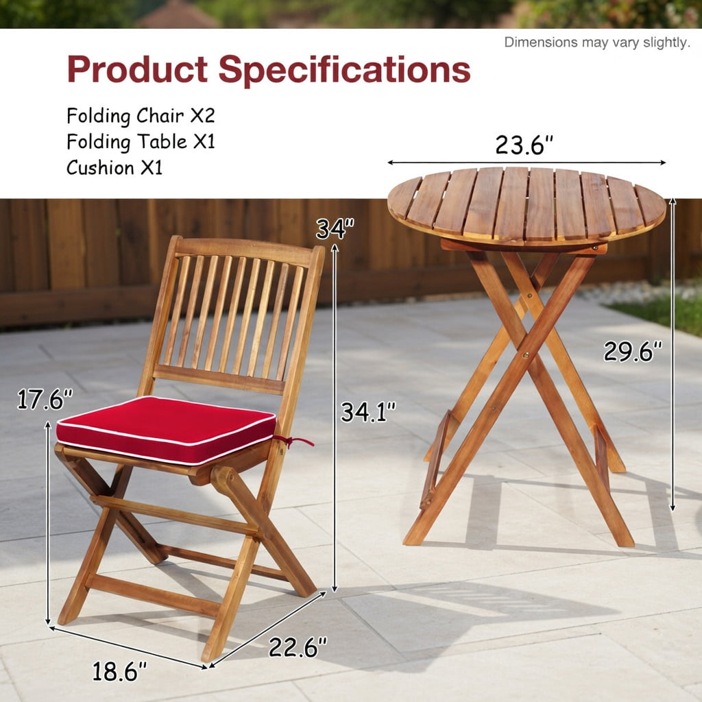 Hommoo 3-Piece Foldable Outdoor Bistro Set, Acacia Wood Patio Chairs & Round Coffee Table with Removable Cushions, Red