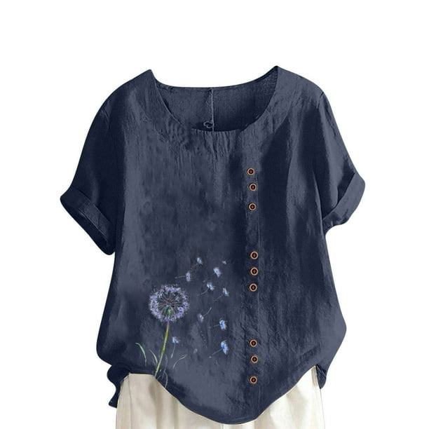 Vestidos Casuales Para Mujer, Blusas De Mujer De Moda Blusa informal de lino con cuello redondo, manga corta y botones para mujer