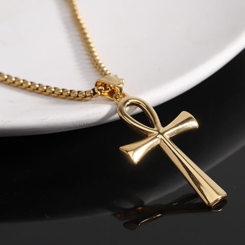 Ancient Egypt Ankh Cross Charm Pendant Golden Silver Color 14K Yellow Gold  Amulet Necklaces For Women Men Egyptian Jewelry Gifts