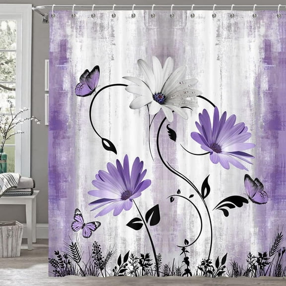 Rustic Farmhouse Shower Curtain for Bathroom, Farm Teal Daisy Floral Flowers and Butterfly on Country Wooden Bath Curtains, Turquoise Purple Fabric Bathroom Decor Set with Hooks 72x84