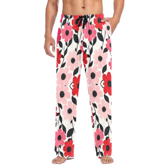 FORMRS Mens Pajama Pants with Pockets Sleepwear Lounge Bottoms Sizes S-2XL, Pink and Red Flowers