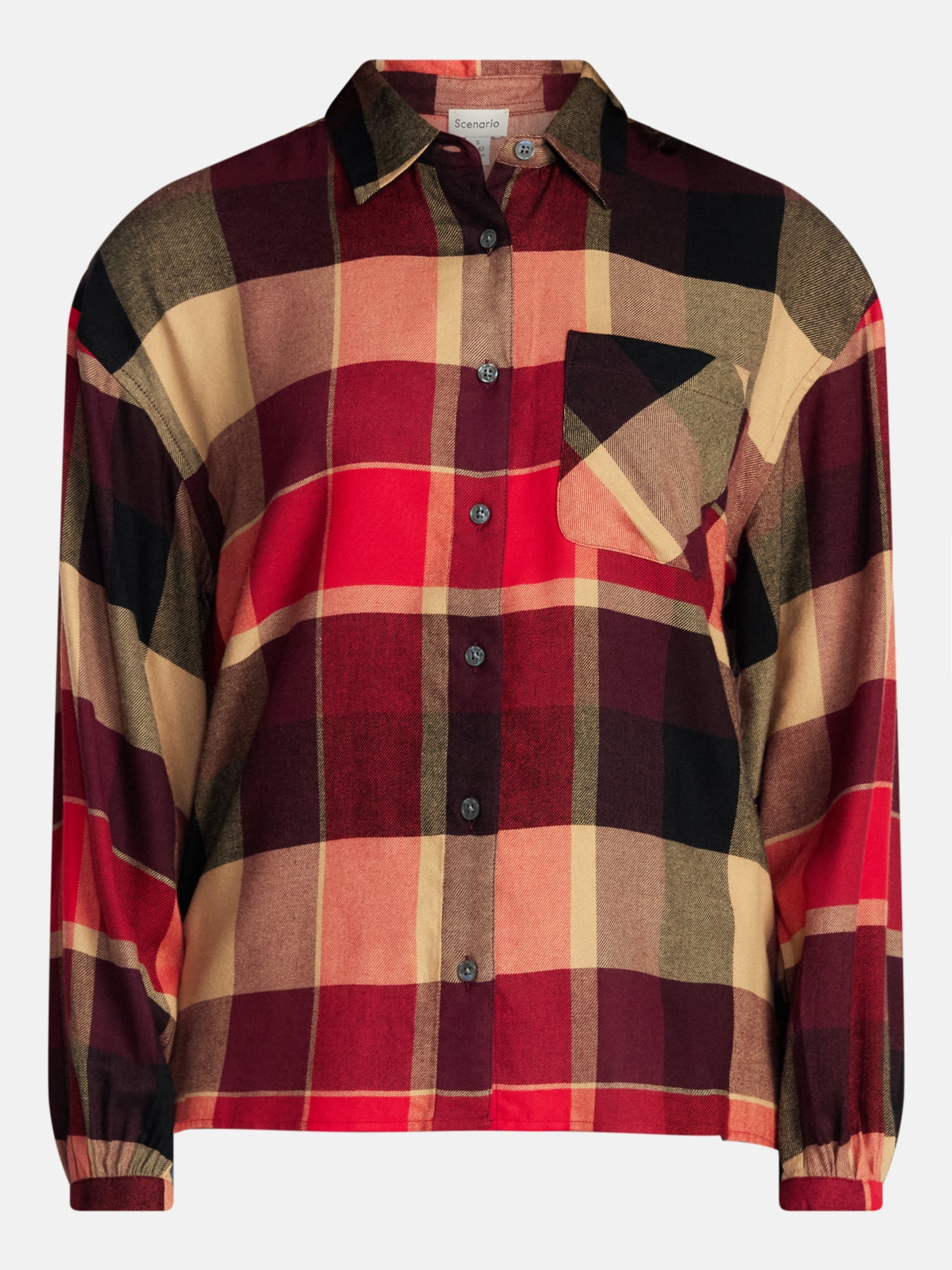 Scenario Women's Flannel Shirt with Long Sleeves, Sizes XS-XXXL