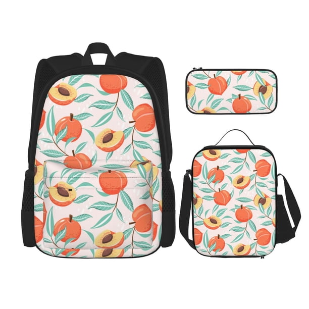 Disketp Peach Mochila Estampada de Gran Capacidad con Lonchera y Estuche, Set de 3 Piezas para Estudiantes