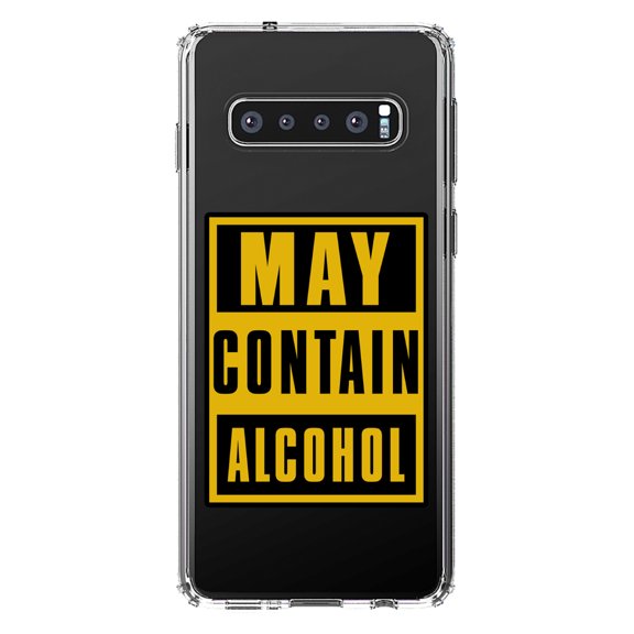 DistinctInk Clear Shockproof Hybrid Case for Samsung Galaxy S10  PLUS (6.4" Screen) - TPU Bumper Acrylic Back Tempered Glass Screen Protector - May Contain Alcohol Warning Sign