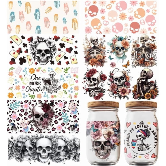 10 Sheets UV DTF Cup Wrap Transfer Stickers Horror Theme Rub on Decals Skull Flower Waterproof Cup Transfer Decoration for DIY Bottles Drink Jam Cake Container