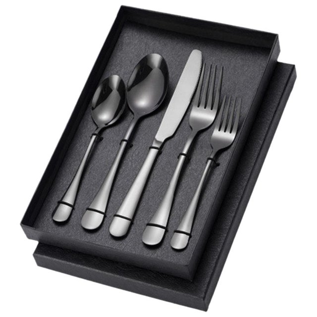 Juego de cubiertos portátiles de acero inoxidable de 5 piezas, reutilizables, tipo tenedor y cuchara, ligeros. Negro
