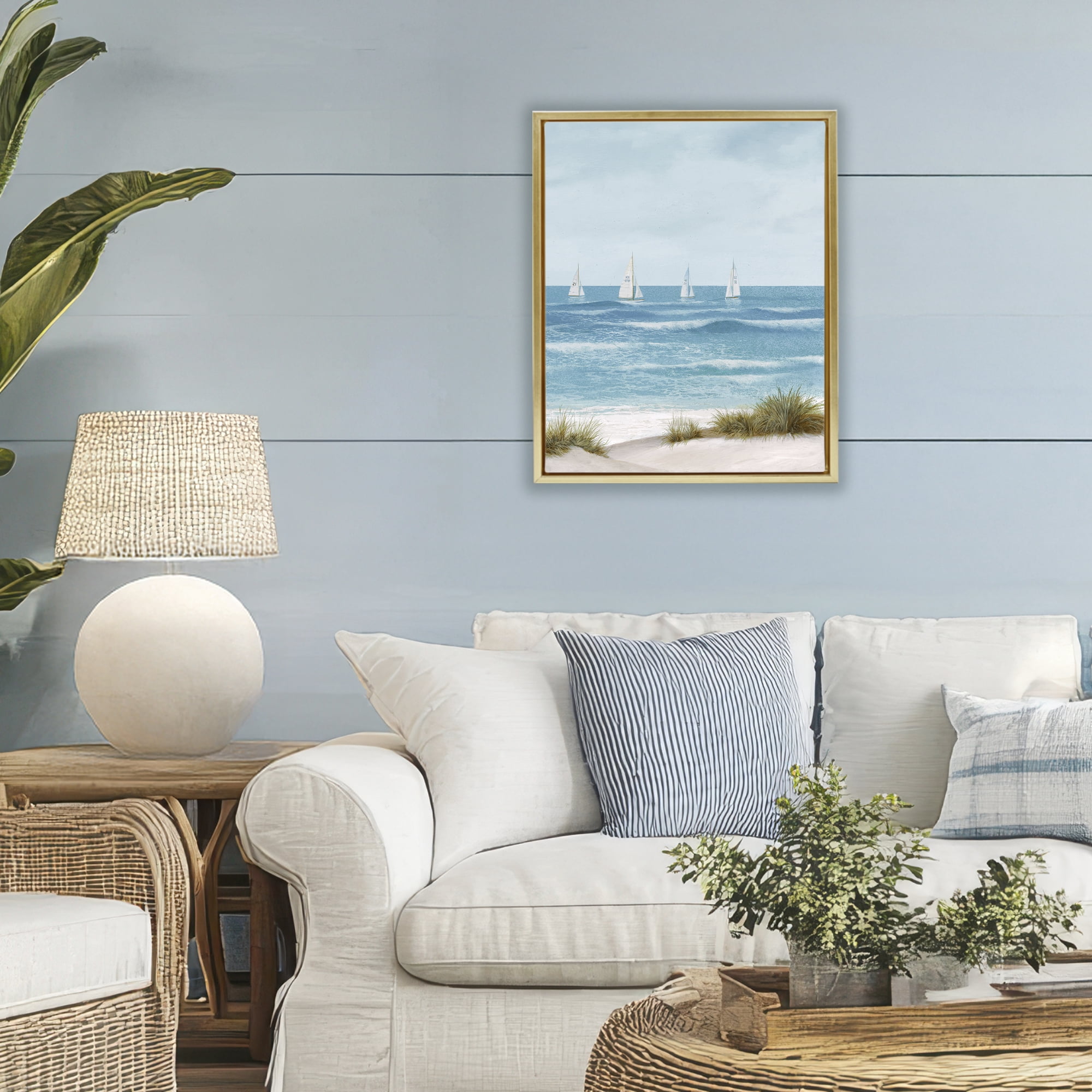 Stupell Industries Boats Sailing Away Gold Framed Floater Canvas Wall Art, design by Lorenzo Collective