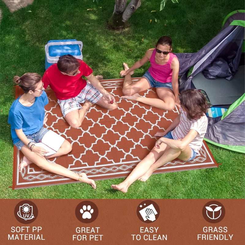 Towallmark 9x12 Outdoor Rug Waterproof, Reversible Plastic Straw Patio Mat with Carry Bag, Portable Camping Rugs for RV Backyard Deck, Easy Cleaning Outside Carpet for Picnic, Orange