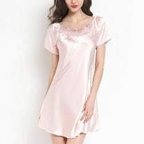Defitshape Women's Satin Nightgown Short Sleeve Pajamas Dress Summer Mid-thigh Length Comfy Mini Casual Sleepwear Pink 10