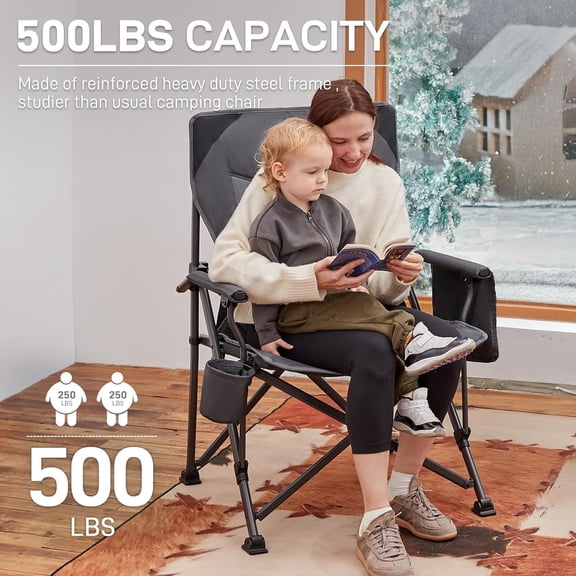 Oversized Folding Camping Chair for Adults, Heavy Duty Lawn Chair with Side Pockets, Portable Collapsible Quad Chair for Outside, Support Up to 500lbs, Grey 2PACK