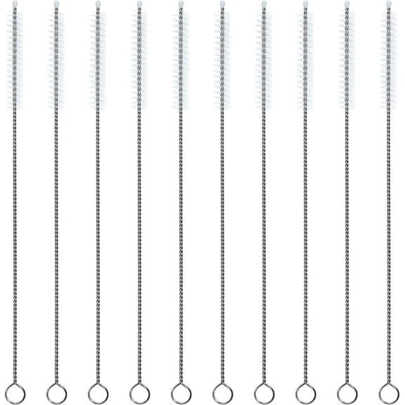 Straw Cleaner Brush, Extra Long Nylon Bristles and Stainless Steel Handle Cleaning Brushes for Washing Glass Silicone Metal Straws Tea Pot Spout Bottle 10 ihch X 2/5 inch Set of 10