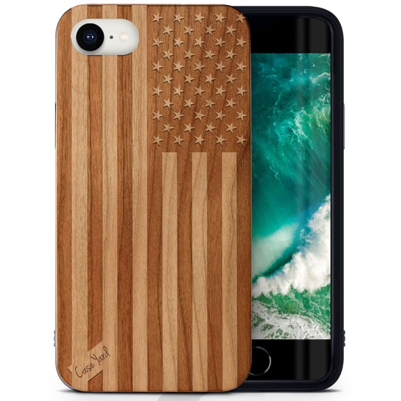 Case Yard Wooden Case Outside Soft TPU Silicone, Slim Fit Shockproof Wood Protective Phone Cover for Girls Boys Men and Women, Supports Wireless Charging American Flag Design case for iPhone-SE
