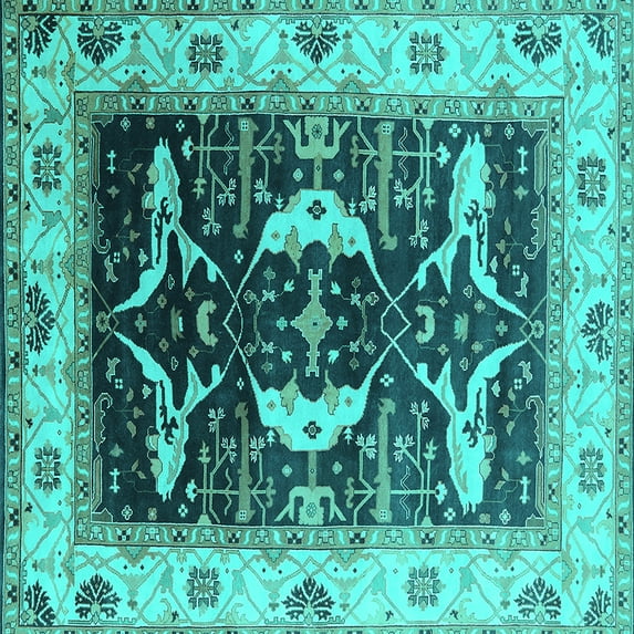 Ahgly Company Machine Washable Indoor Square Oriental Turquoise Blue Industrial Area Rugs, 6' Square