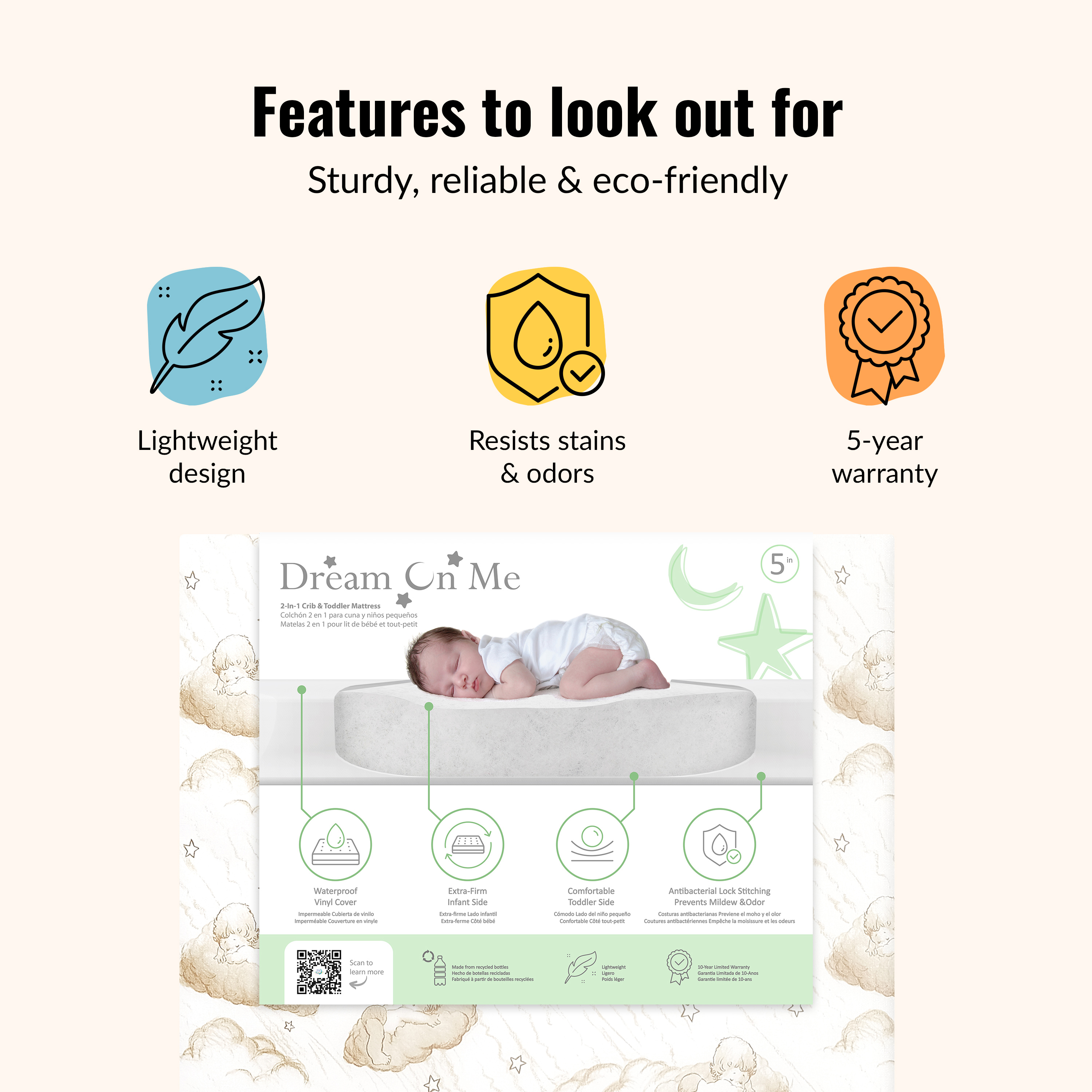 Dream On Me 2 in 1 Little Lullaby Crib and Toddler Mattress, Beige Cloud
