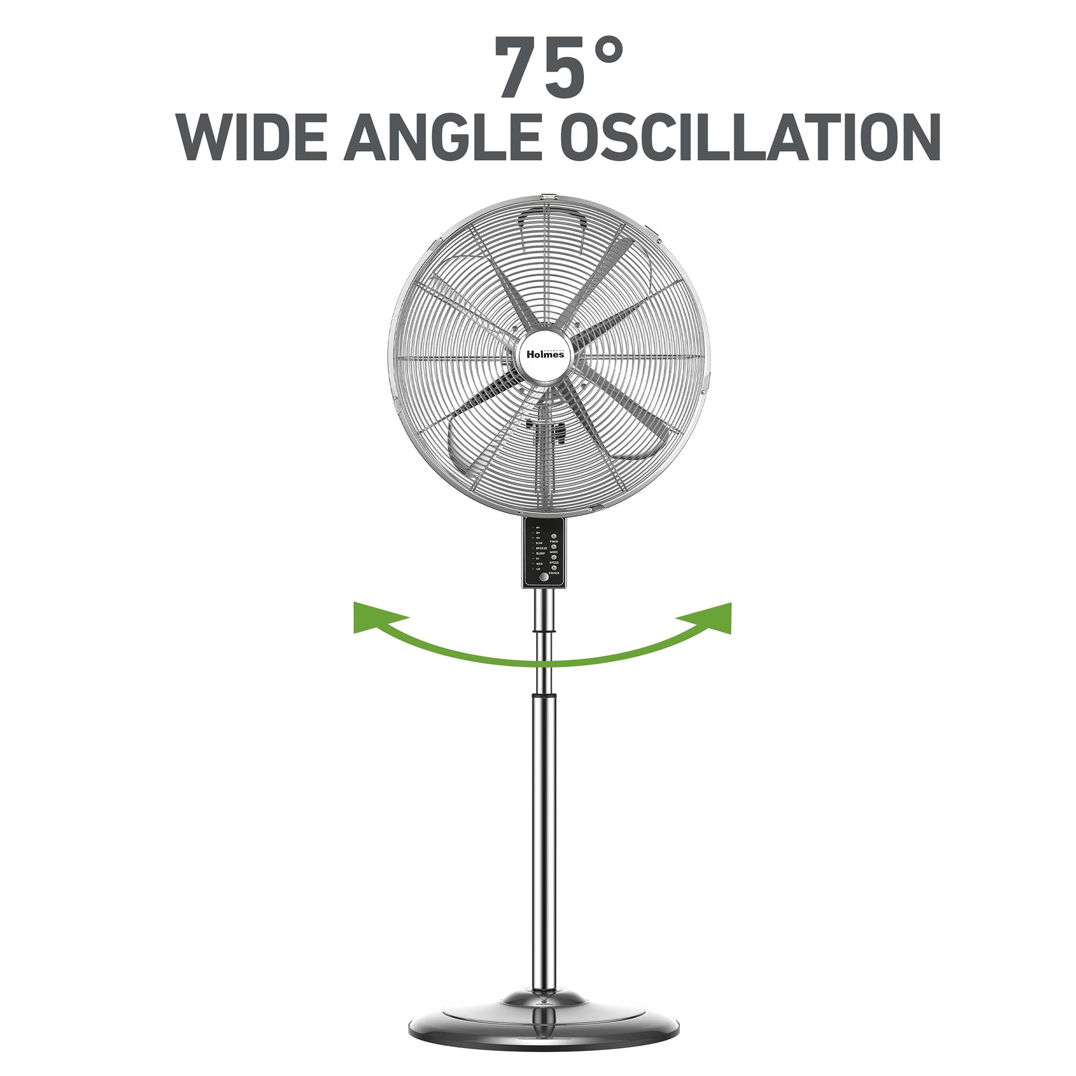 Holmes 16” Digital Metal Stand Fan, 3-Speed, Oscillating, Adjustable Height, Remote, Chrome