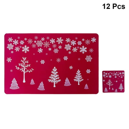 

placemats and coasters set 12pcs Christmas Table Mats Set PVC Printing Placemats and Coasters Heat-resistant Mat for Home Restaurant (Red Christmas Tree)