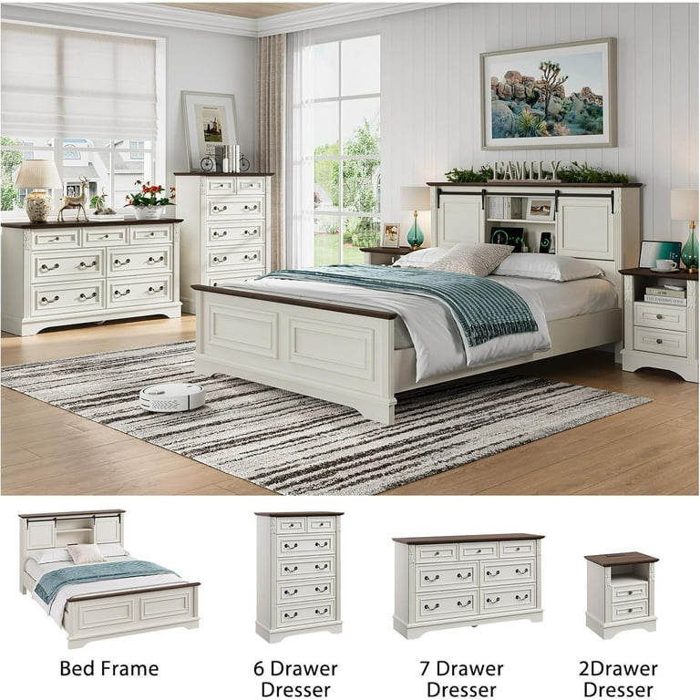 white dresser brown top Farmhouse 7 Drawers Dresser For Bedroom, Rustic Chest Of Drawers With main image 0