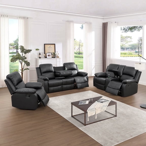 3-Piece Black Semi PU & PVC Sofa Set - Living Room Home Decor