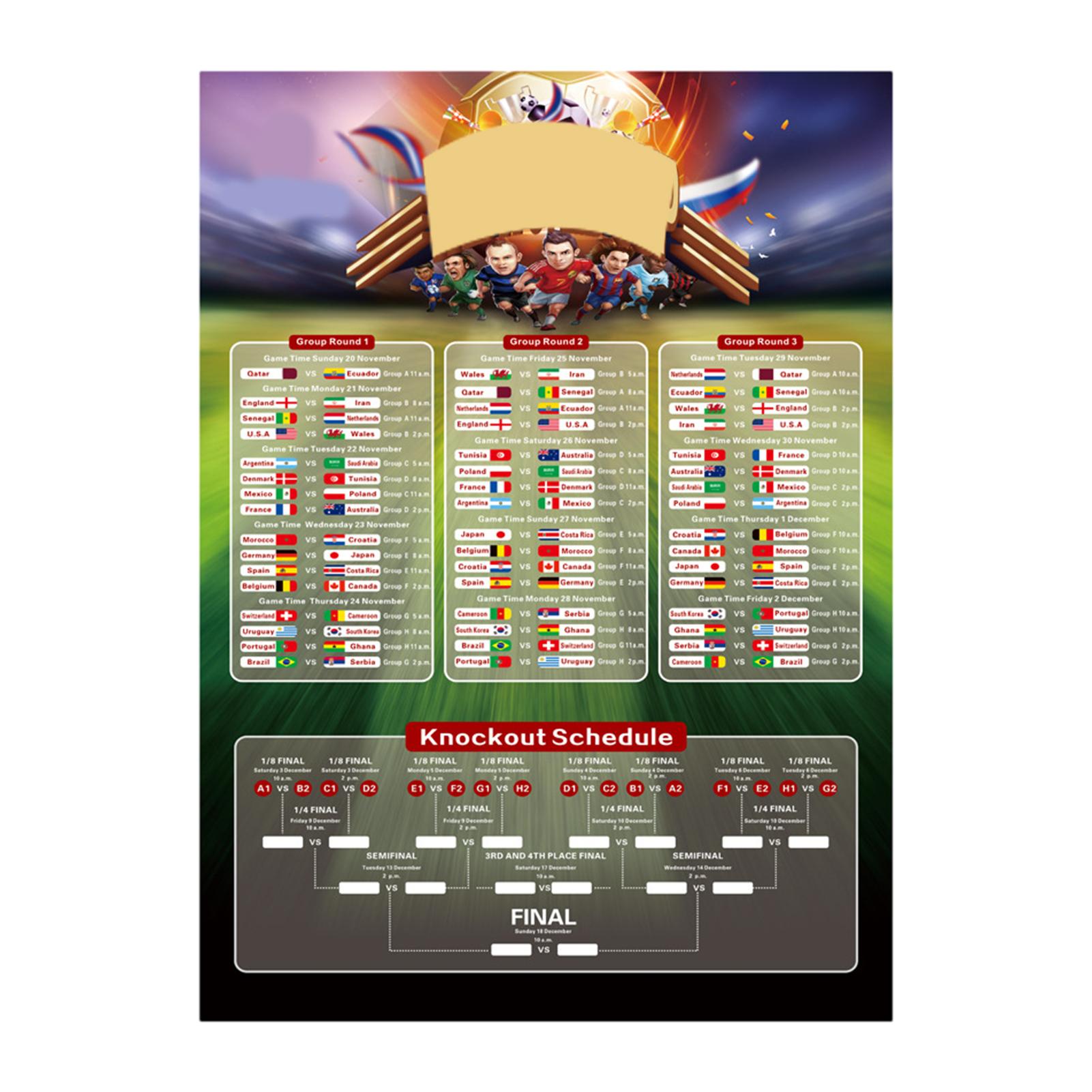 2022 World Soccer Cup Game Wall Chart Eastern Time Football 